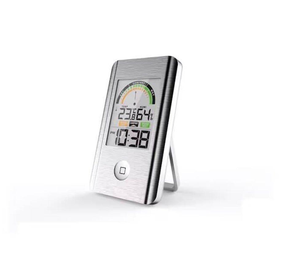 Digitalt termo-hygrometer fra Termometerfabriken med ur og komfortindikator